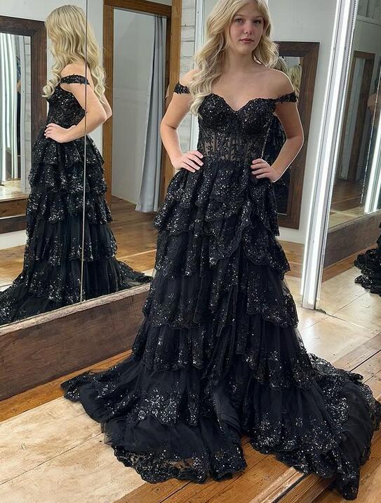Tulle Sequin A-Line Prom Dress with Sheer Corset Bodice and Ruffle Skirt