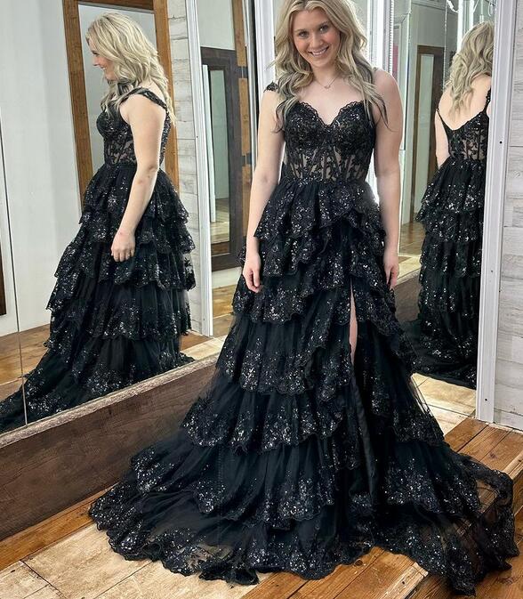 Tulle Sequin A-Line Prom Dress with Sheer Corset Bodice and Ruffle Skirt