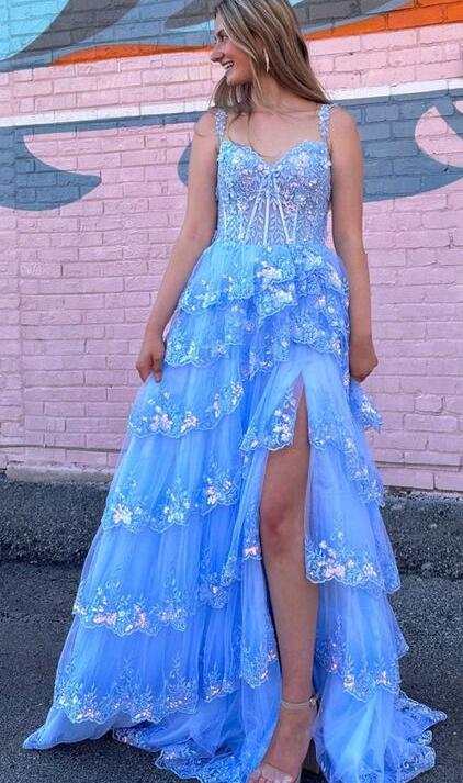 Tulle Sequin A-Line Prom Dress with Sheer Corset Bodice and Ruffle Skirt