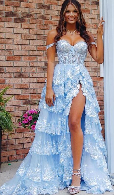 Tulle Sequin A-Line Prom Dress with Sheer Corset Bodice and Ruffle Skirt