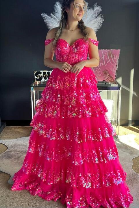 Ruffle Tulle Lace Sequin Prom Dress with Sheer Corset Bodice and and Lace up Back