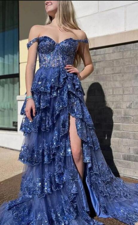 Tulle Sequins Long Prom Dress with Sheer Corset Bodice and Ruffle Skirt