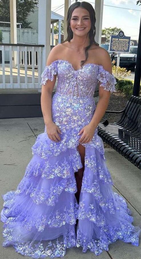 Tulle Sequin Mermaid Prom Dress with Sheer Corset Bodice and Ruffle Skirt