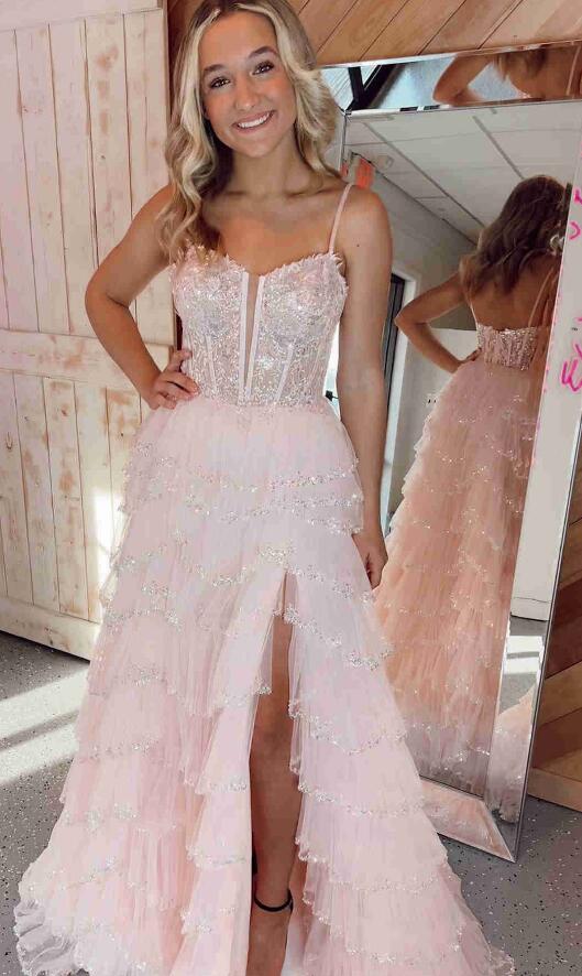 Lace Corset Beaded Long Prom Dress with Ruffle Tulle Skirt Slit