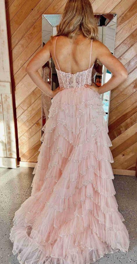 Lace Corset Beaded Long Prom Dress with Ruffle Tulle Skirt Slit