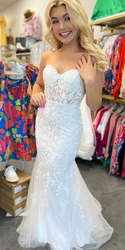 Strapless Leaf Lace Long Prom Dress with Sheer Corset Bodice