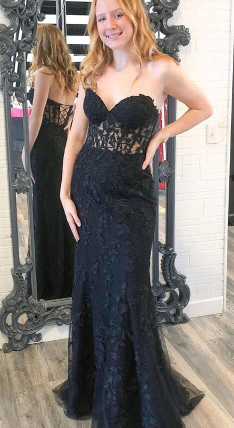 Strapless Leaf Lace Long Prom Dress with Sheer Corset Bodice
