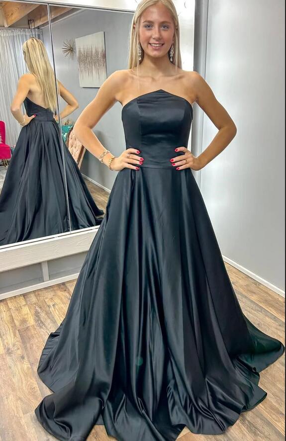 Black Strapless Satin Long Prom Dress – DressesTailor