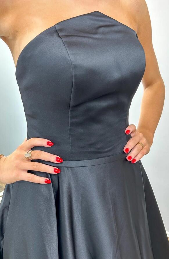 Black Strapless Satin Long Prom Dress