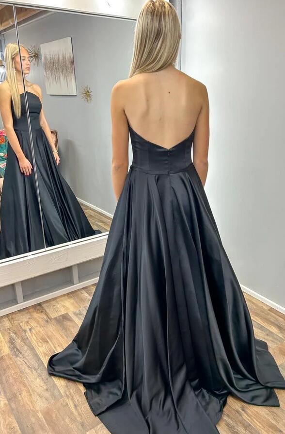 Black Strapless Satin Long Prom Dress