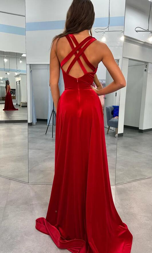 Red V-neck Long Prom Dress with Slit