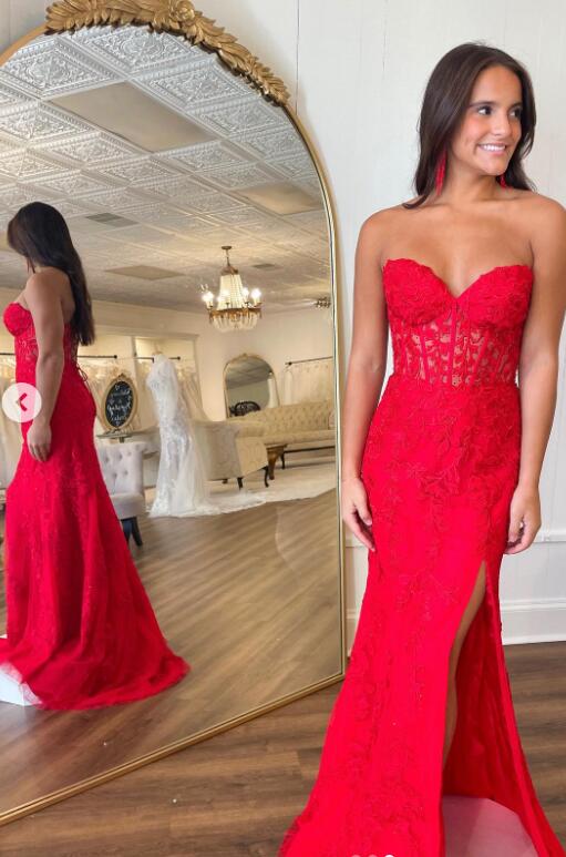 Strapless Leaf Lace Long Prom Dress with Sheer Corset Bodice