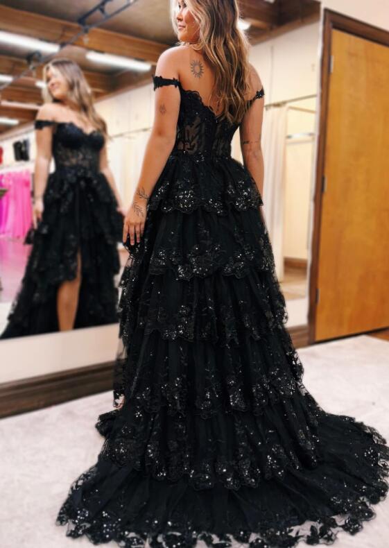 Off the Shoulder Long Prom Dress with Sheer Corset Bodice and Ruffle Skirt