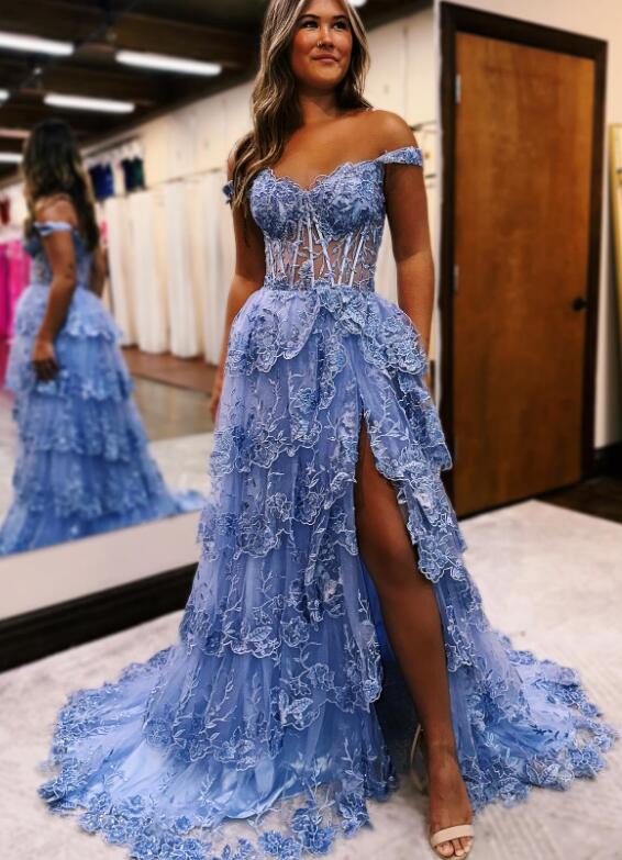 Strapless Royal Blue Leaf Lace Long Prom Dress with Sheer Corset Bodic –  DressesTailor
