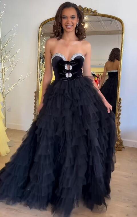 Strapless Ball Gown Long Prom Dress with Ruffle Skirt and Slit
