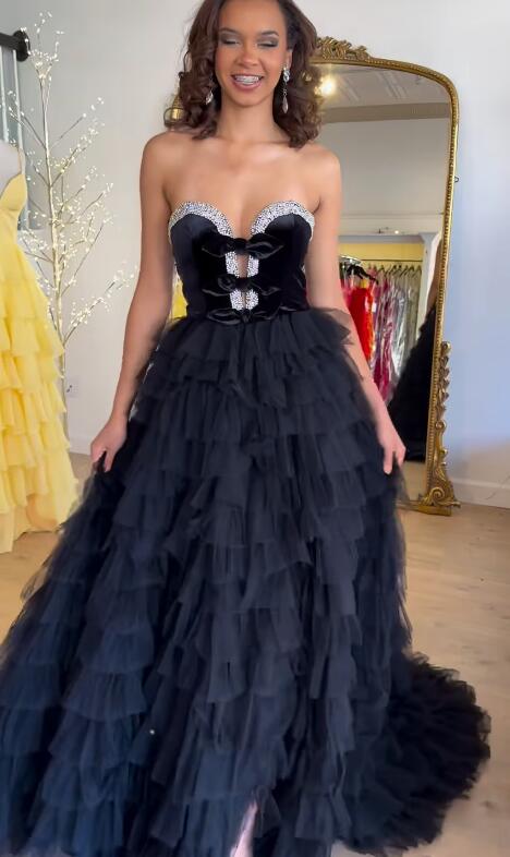Strapless Ball Gown Long Prom Dress with Ruffle Skirt and Slit
