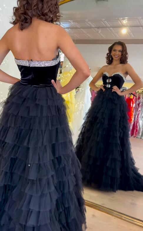 Strapless Ball Gown Long Prom Dress with Ruffle Skirt and Slit