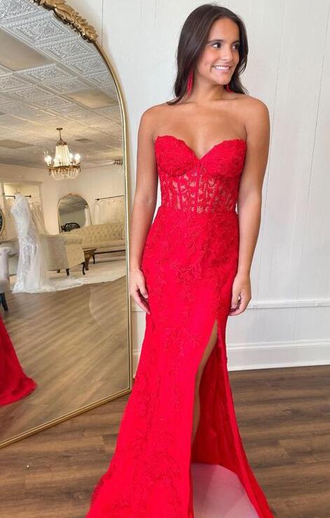 Strapless Leaf Lace Long Prom Dress with Sheer Corset Bodice