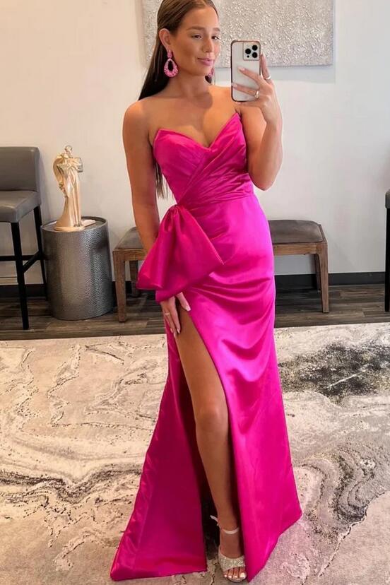 Strapless Fitted Long Prom Dress with Bow and Skirt Slit
