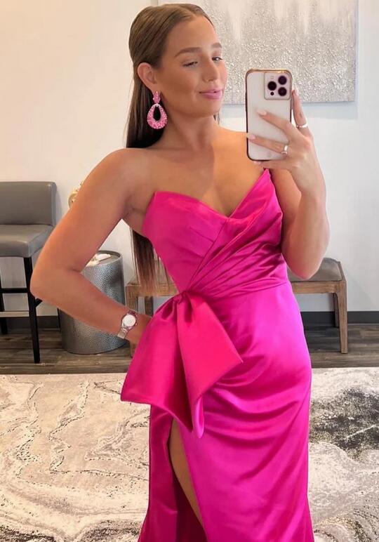 Strapless Fitted Long Prom Dress with Bow and Skirt Slit