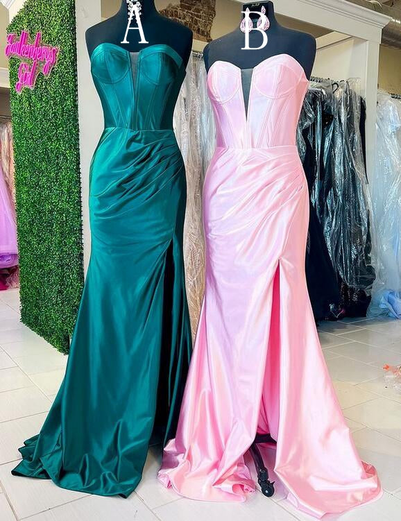 Strapless Satin Mermaid Long Prom Dress with Slit