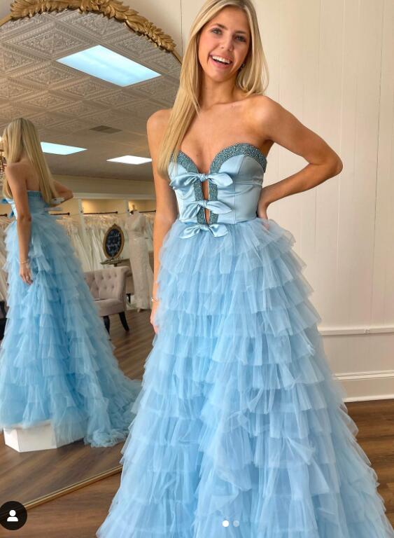 Strapless Ball Gown Long Prom Dress with Ruffle Skirt and Slit
