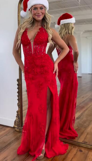 Halter Neck Leaf Lace Mermaid Long Prom Dresses