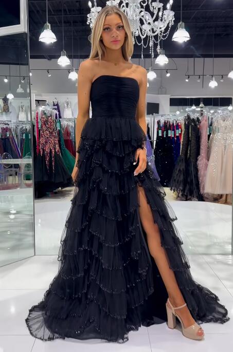 Strapless Tulle A-Line Long Prom Dress with Ruffle Beaded Skirt Slit
