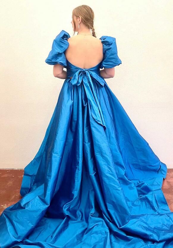 Taffeta Ball Gown Long Prom Dress with Corset Bodice and Balloon Sleeves