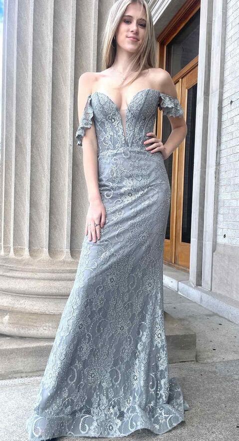 Lace Long Prom Dress with Corset Bodice and Off the Shoulder Straps