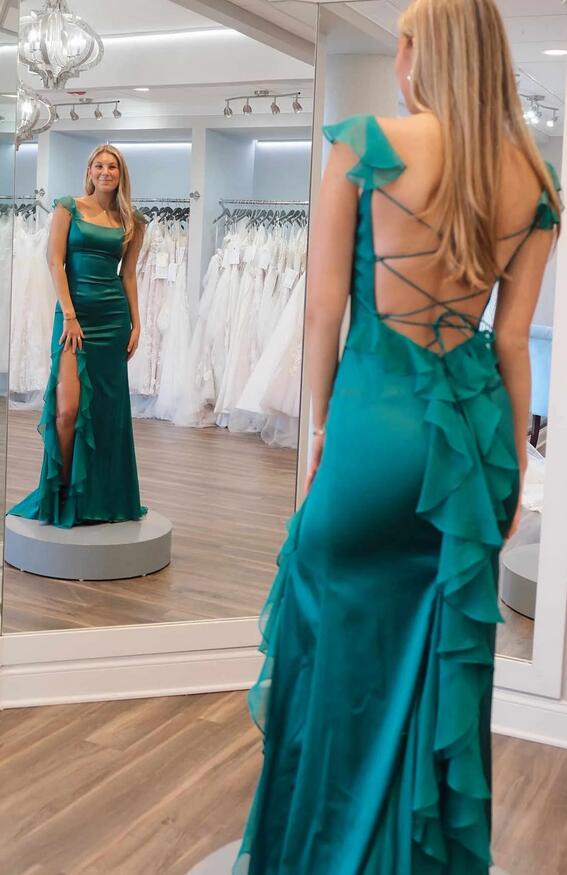 Fitted Long Prom Dress with Ruffle Embellished Sleeves and Skirt