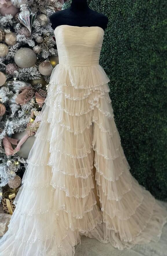 Strapless Tulle A-Line Long Prom Dress with Ruffle Beaded Skirt Slit