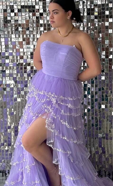 Strapless Tulle A-Line Long Prom Dress with Ruffle Beaded Skirt Slit
