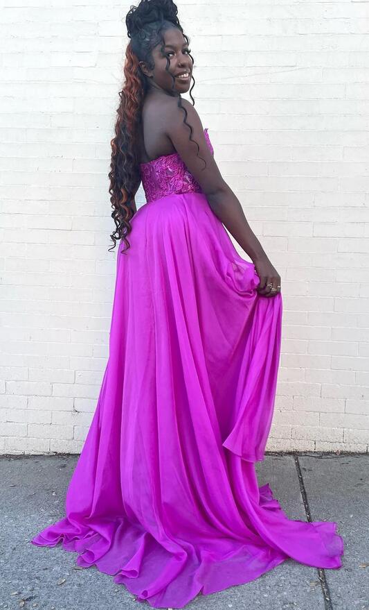 Strapless Chiffon Long Prom Dress with Leaf Lace Bodice