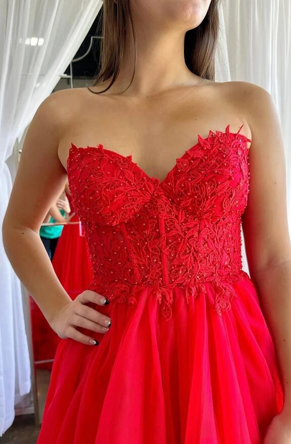 Red Tulle Long Prom Dress with Lace Corset Bodice
