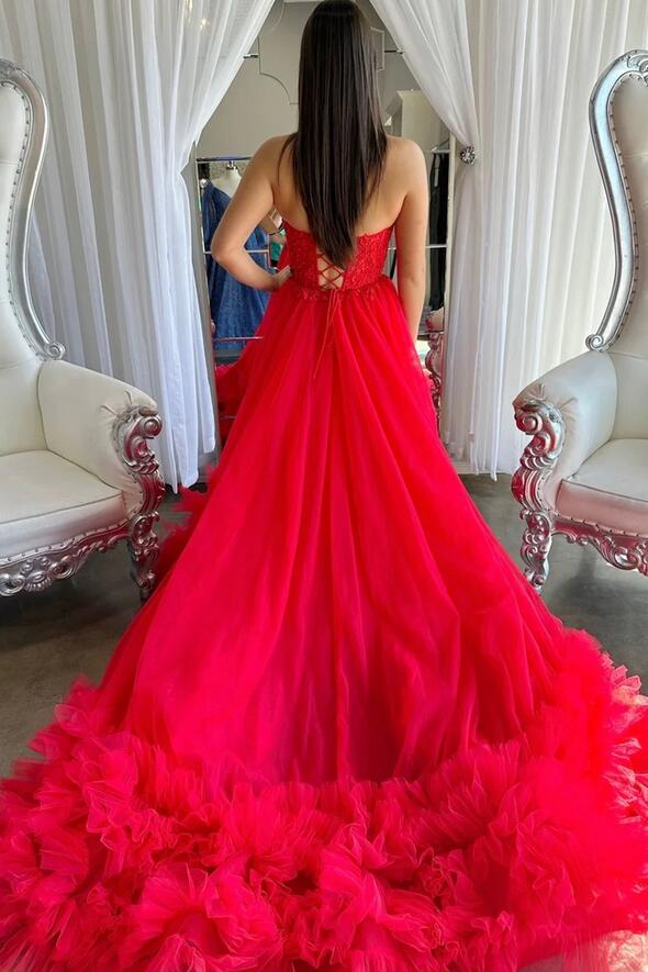 Red Tulle Long Prom Dress with Lace Corset Bodice