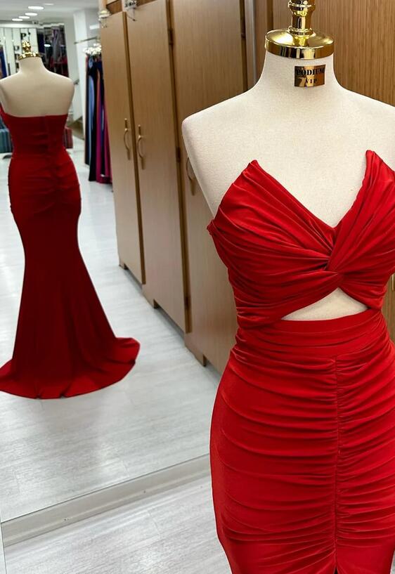 Strapless Red Mermaid Long Prom Dress with Slit