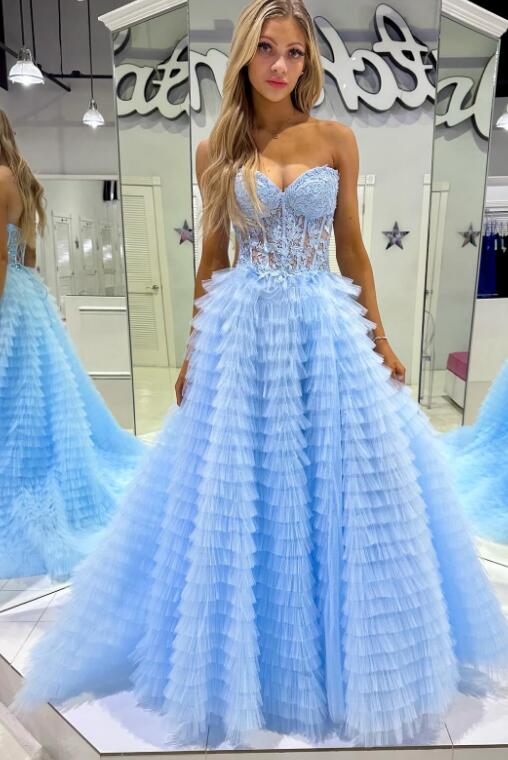 Strapless Ball Gown Prom Dress with Sheer Lace Corset Bodice and Ruffle Skirt