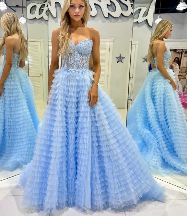 Strapless Ball Gown Prom Dress with Sheer Lace Corset Bodice and Ruffle Skirt