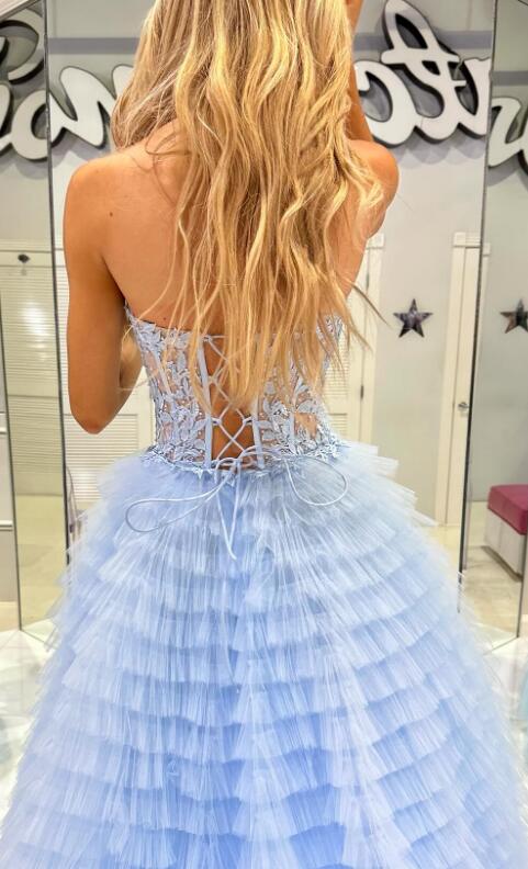 Strapless Ball Gown Prom Dress with Sheer Lace Corset Bodice and Ruffle Skirt