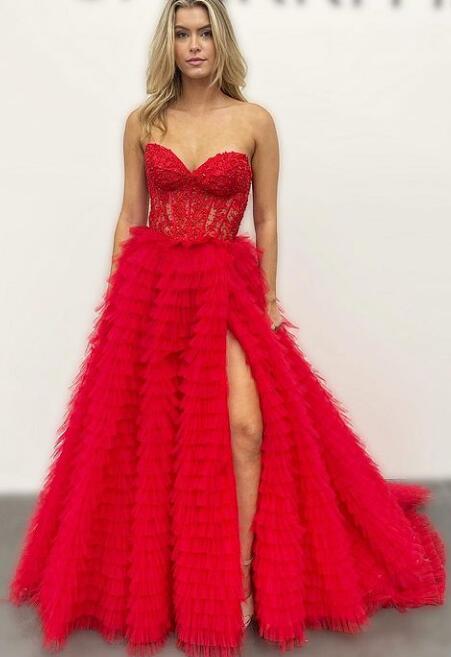 Strapless Ball Gown Prom Dress with Sheer Lace Corset Bodice and Ruffle Skirt