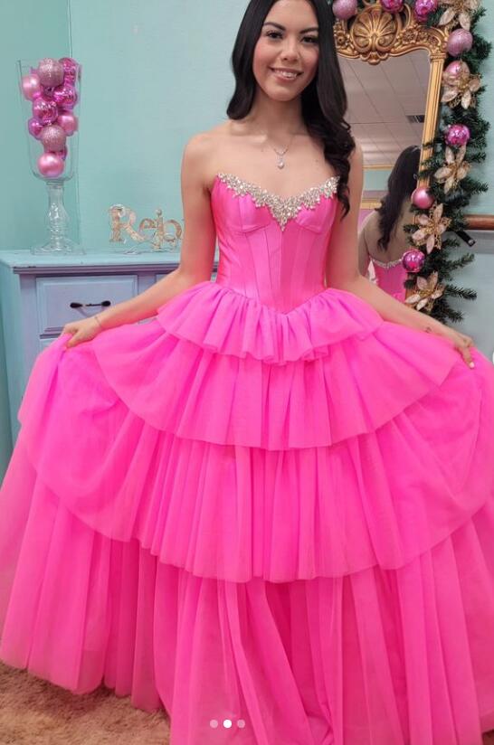 Strapless Long Prom Dress with with Beaded Neckline and Ruffle Tulle Skirt