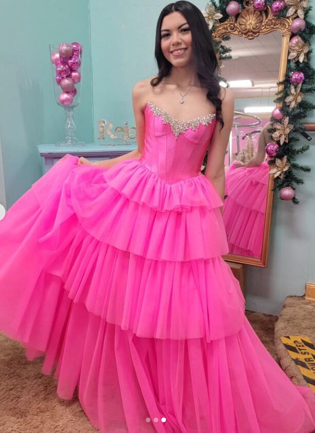 Strapless Long Prom Dress with with Beaded Neckline and Ruffle Tulle Skirt