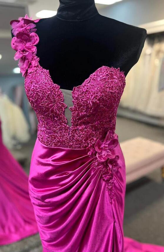 One Shoulder Satin Mermaid Long Prom Dress with Lace Top