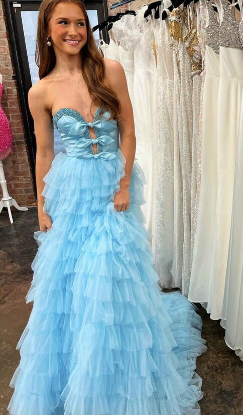 Strapless Ball Gown Long Prom Dress with Ruffle Skirt and Slit