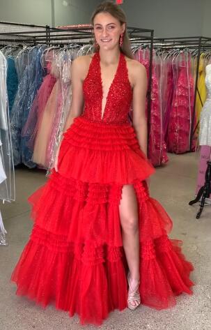 Halter Neck Ball Gown Prom Dress with Lace Corset Bodice and Ruffle Skirt