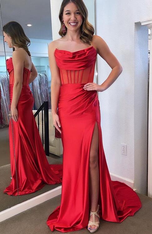 Strapless Mermaid Long Prom Dress with Sheer Corset Bodice