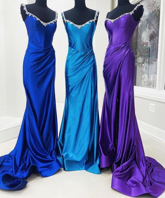 Royal Blue Off the Shoulder Long Prom Dresses with Beaded Neck