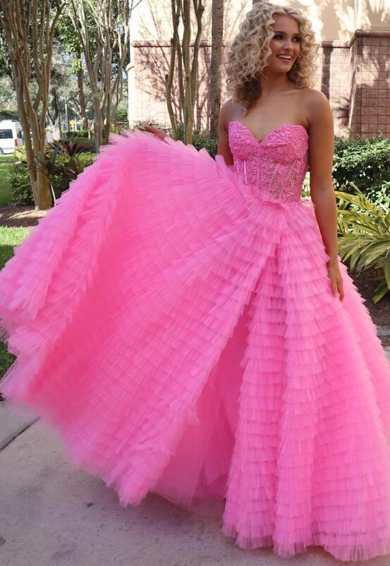 Strapless Ball Gown Prom Dress with Sheer Lace Corset Bodice and Ruffle Skirt
