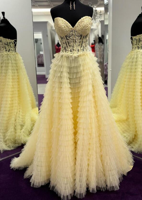 Strapless Ball Gown Prom Dress with Sheer Lace Corset Bodice and Ruffle Skirt